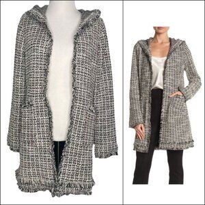Laundry by Shelli Segal Boucle Jacket Size Small Fringed Hem Edges Cuff Hooded